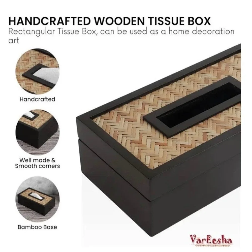 VarEesha Handmade Hand Crafted‎ Bamboo Base Wooden Tissue Box for Dining Table